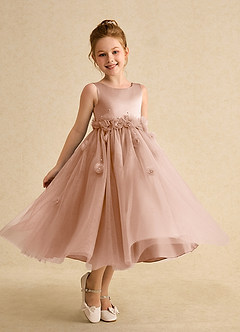Azazie Lux Flower Girl Dresses Champagne Rose A-Line Beaded Tulle Dress image1