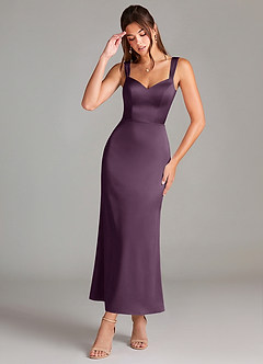 Azazie Denice 신부 들러리 드레스 쉬스 주름진 스트레치 새틴 발목 길이 드레스 image1