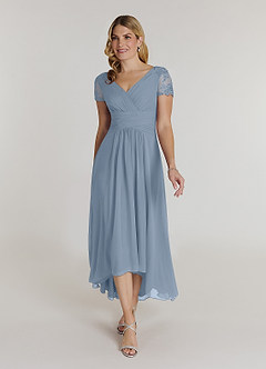 Azazie Thais Mère de la mariée Robes Robe Trapèze en Mousseline de soie Dentelle Bleu Poussiéreux image1