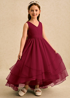 Azazie Seraphina vestidos de niña de las flores Vestido Borgoña de Tul de Corte en A con Plisado image3