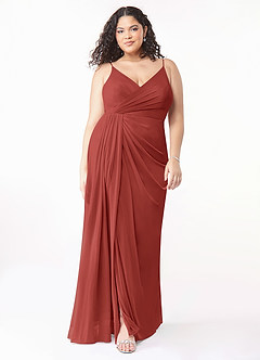 Azazie Evalin Bridesmaid Dresses Terracotta A-Line V-Neck Pleated Mesh Dress image7