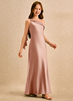 Azazie Almond Girls Formal Blumenmädchenkleider Etui One-Shoulder Stretch-Satin Kleid Roségold image5
