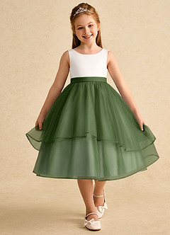 Azazie Rene Blumenmädchenkleider A-Linie Schleifen Tüll Kleid Elfenbein Olivgrün image4