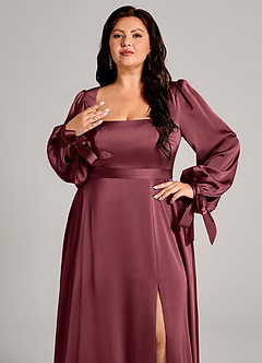 Azazie Leonia Bridesmaid Dresses Merlot A-Line Long Sleeve Stretch Satin Dress image9