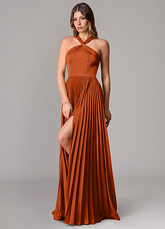 Azazie Afra Vestidos de damas de honor Vestido de Naranja Quemada de Satén Elástico de Corte en A con Plisado image4