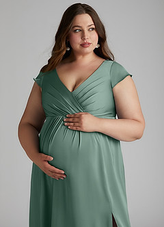 Azazie Allessia Robes de demoiselle d'honneur de maternité Robe Trapèze Plissée Longueur ras du sol Satin extensible image13