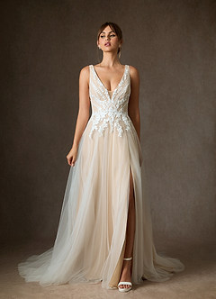 Azazie Goddess Wedding Dresses Diamond White Champagne A-Line V-Neck Sequins Tulle Dress image3