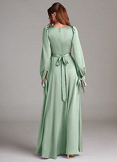 Azazie Leonia Bridesmaid Dresses Agave A-Line Long Sleeve Stretch Satin Dress image2
