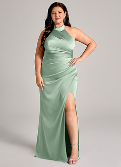 Azazie Jemma Jurken voor bruidsmeisjes Jurk van Stretch Satijn met Kolom Geplooid Agave image10