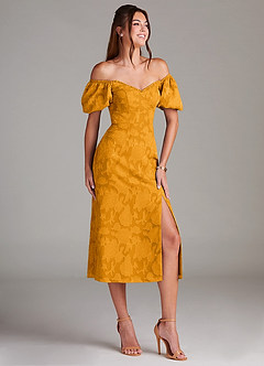 Azazie Evalina Bridesmaid Dresses Butterscotch Sheath Floral Burnout Dress image3