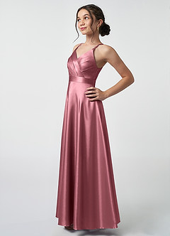 Azazie Avelina Junior Desert Rose A-Line Pleated Metallic Satin Dress image3