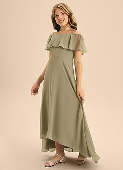 Azazie Maggie Junior A-Linie Schulterfrei Chiffon Kleid Moosgrün image4