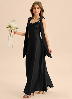 Azazie Halley Junior Vestido de Negro de Satén Elástico de Corte en A con Lazo image3