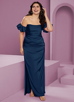 Barbie ♥ Azazie Bridesmaid Dresses Dark Navy Sheath Off the Shoulder Stretch Satin Convertible Dress image12