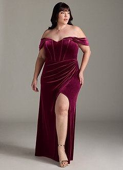 Azazie Jas At-home Try On Dresses Black Sheath Off-The-Shoulder Corset Velvet Convertible Dress image9