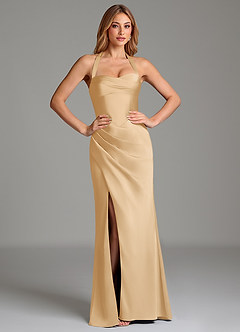Azazie Serenity Robes de demoiselle d'honneur Robe Sirène en Satin extensible Décolleté en cœur Or image5