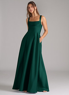 Azazie Shaude Bridesmaid Dresses Emerald A-Line Pleated Stretch Satin Dress image4