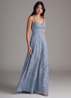 Azazie Davis Bridesmaid Dresses Dusty Blue A-Line Pleated Floral Burnout Dress image4