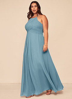 Azazie Ginger Bridesmaid Dresses Moody Blue A-Line Halter Pleated Chiffon Dress image9