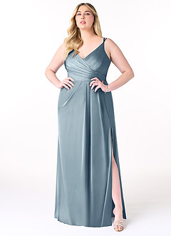 Azazie Aqua Bridesmaid Dresses Dusty Blue A-Line V-Neck Pleated Stretch Satin Dress image8