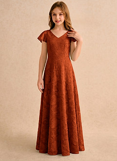 Azazie Narin Girls Formal Robe Demoiselle D'honneur Fillette Robe Trapèze en Blumen-Burnout avec manches Paprika image3