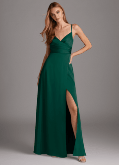 Azazie Calissa Brautjungfernkleider A-Linie V-Hals Gefaltet Stretch-Satin Kleid Smaragd image3