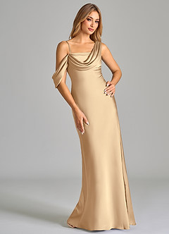 Azazie Celina Jurken voor bruidsmeisjes Jurk van Stretch Satijn met Kolom Off the Shoulder Champagne image1