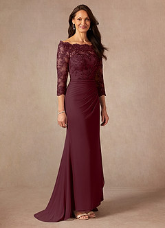 Azazie Rhonda Mother of the Bride Dresses Cabernet Mermaid Off the Shoulder Mesh Dress image6