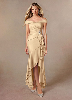 Azazie Billings Moeder van de bruid jurken Zeemeermin Jurk van Stretch Satijn Off-shoulder Champagne image6