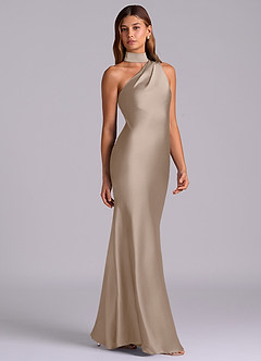 Azazie Seona Bridesmaid Dresses Taupe Mermaid One Shoulder Stretch Satin Dress image5