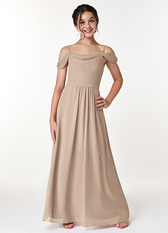 Azazie Alivia Junior Taupe A-Line Off the Shoulder Chiffon Dress image1