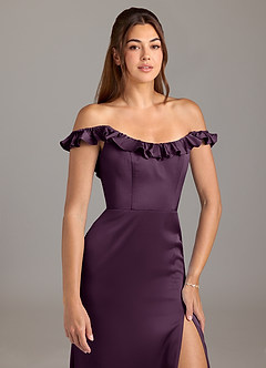 Azazie Callie Bridesmaid Dresses Plum A-Line Ruched Stretch Satin Convertible Dress image8