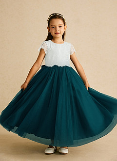 Azazie Bumblebee Flower Girl Dresses Ivory Pine A-Line Lace Tulle Dress image1