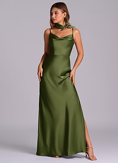 Azazie Yazmine Final Sale Olive Mermaid Pleated Stretch Satin Dress image1