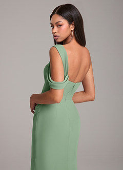 Azazie Wynter Bridesmaid Dresses Matcha Sheath Off the Shoulder Chiffon Dress image2
