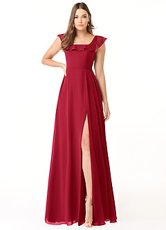 Azazie Jinny Bridesmaid Dresses Scarlet A-Line Square Neckline Ruched Chiffon Dress image1