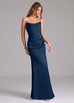 Azazie Lucille Vestidos de damas de honor Vestido de Azul Marino Oscuro de Satén Elástico de Corte Sirena Convertible con Sin tirantes image5