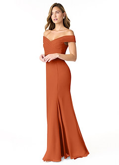 Azazie Lecia Vestidos de damas de honor Vestido de Naranja Quemada de Gasa de Imperio Convertible con Plisado fuera del hombro image3