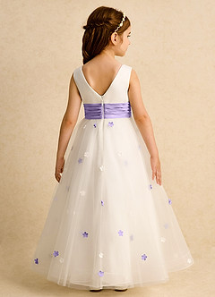 Azazie Cricket Flower Girl Dresses Ivory Lilac Ball-Gown Pleated Matte Satin Dress image2