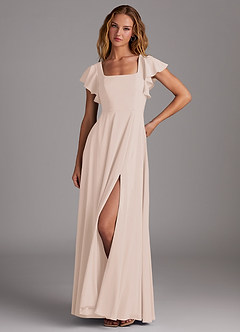 Azazie Bondi Robes de demoiselle d'honneur Robe Trapèze en Mousseline extensible Fente Latérale Rose Pâle image1
