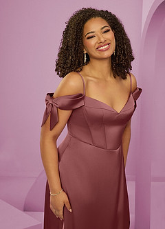 Barbie ♥ Azazie Jurken voor bruidsmeisjes Jurk van Stretch Satijn met A-Lijn Off the Shoulder Amethist image14