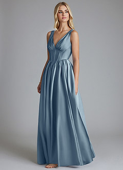 Azazie Delmie Bridesmaid Dresses Dusty Blue A-Line Corset Stretch Satin Dress image4