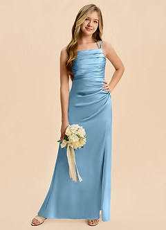 Azazie Nova Junior Steel Blue A-Line Pleated Stretch Satin Dress image5