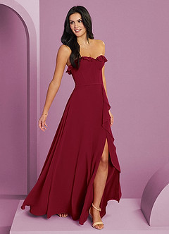 Barbie ♥ Azazie Robes de demoiselle d'honneur Robe Trapèze en Mousseline de soie Encolure en Forme de Cœur Bourgogne image4