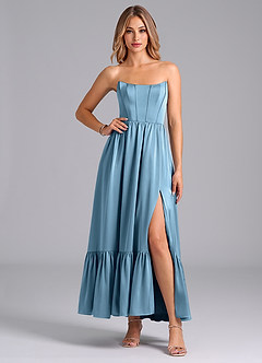 Azazie Leilana Bridesmaid Dresses Steel Blue A-Line Corset Stretch Satin Dress image4