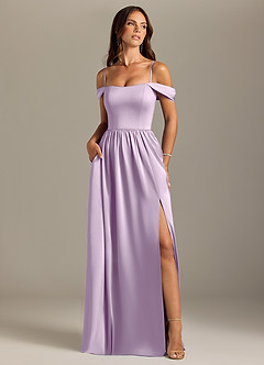 Azazie Calianna Bridesmaid Dresses Frosted Lilac A-Line Off the Shoulder Stretch Satin Convertible Dress image5