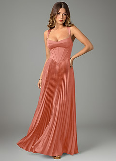 Azazie Avenelle Bridesmaid Dresses Salmon Pink A-Line Corset Stretch Satin Dress image1