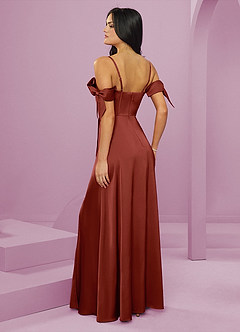 Barbie ♥ Azazie Bridesmaid Dresses Terracotta A-Line Off the Shoulder Stretch Satin Dress image2