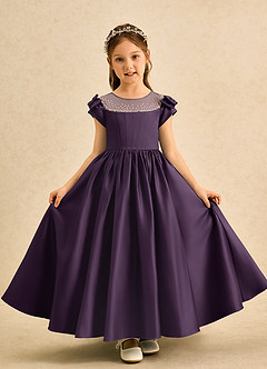 Azazie Toffee Abiti da Ragazza di Fiori Abito Stile Principessa in Raso Opaco Fiocco Prugna image2