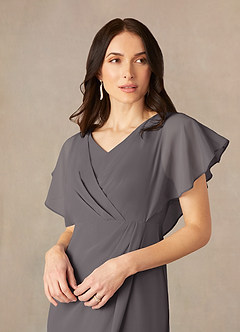 Azazie Julia Mother of the Bride Dresses Steel Grey Sheath V-Neck Pleated Chiffon Dress image3